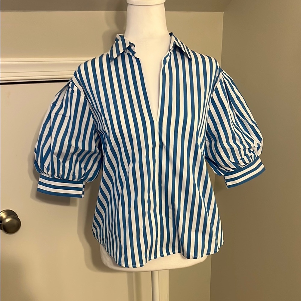 AYR Blue and White Striped Puff Sleeve Blouse